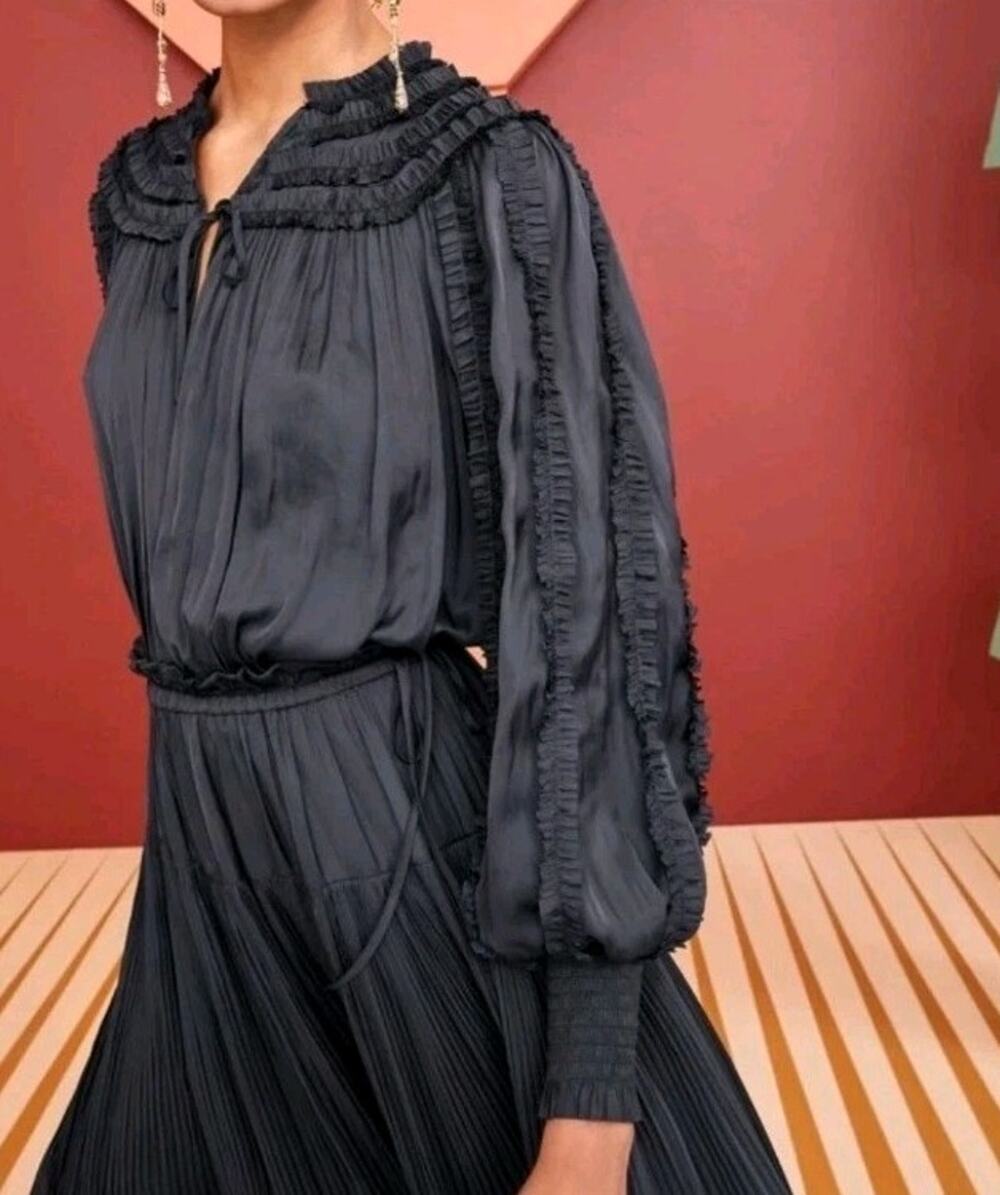 Ulla Johnson Mila Blouse Size 10 Black Satin Ruffle Tie Neck Long Sleeve Top